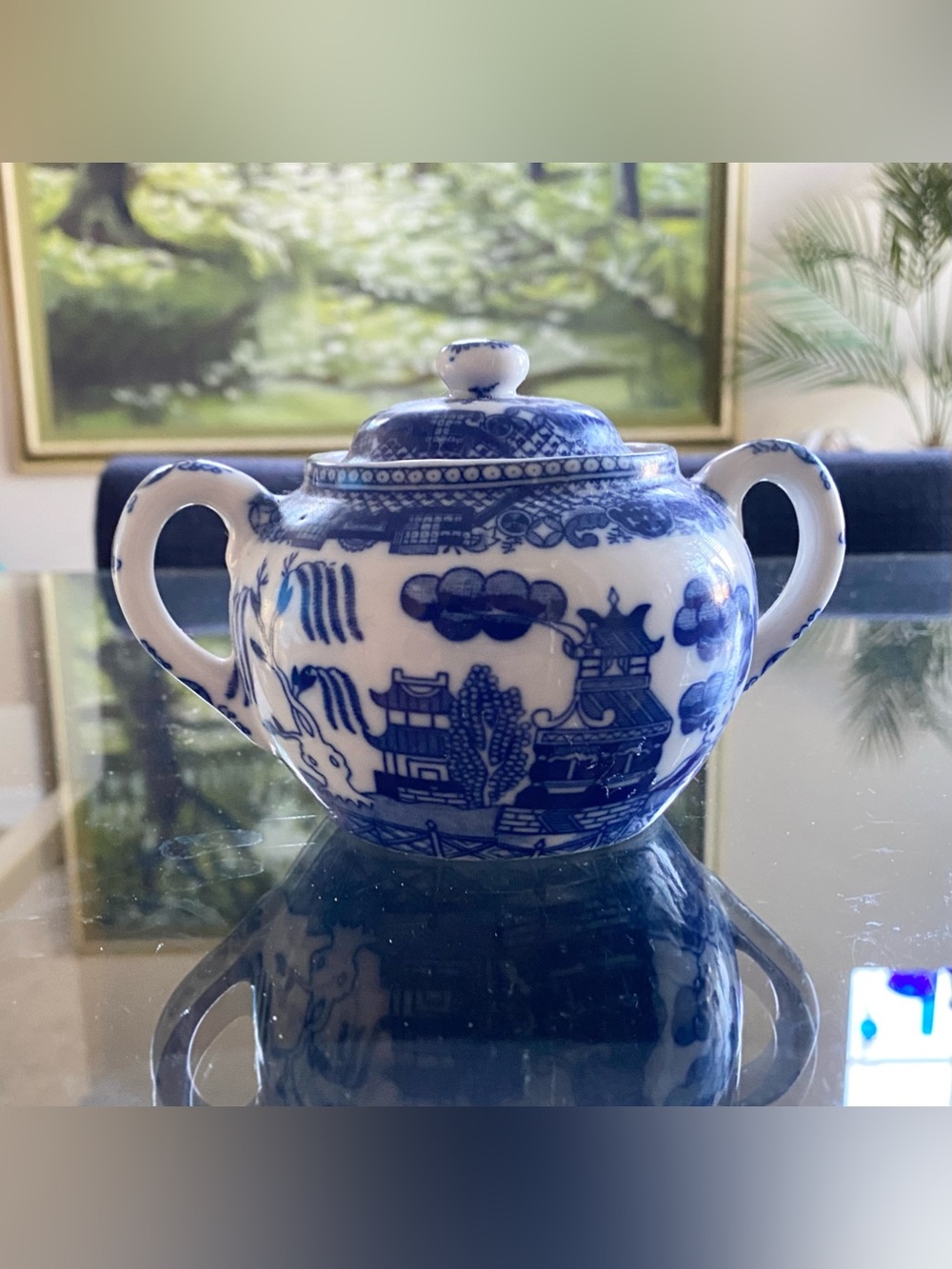 VTG Blue Willow Sugar Bowl w Lid Blue White Porcelain Transferware 3.25”